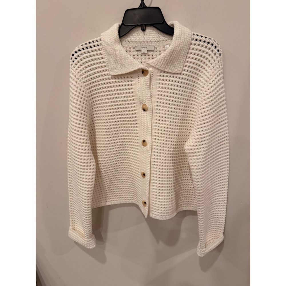 Vince Open Knit Cardigan Sweater Ivory Button Front Large NWT